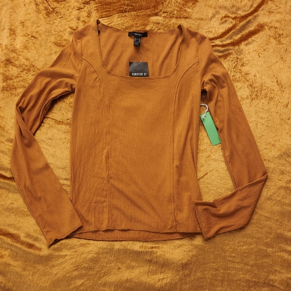 F21 Mustard Yellow Ribbed Scoop Neck Long sleeve💛 - Picture 8 of 9